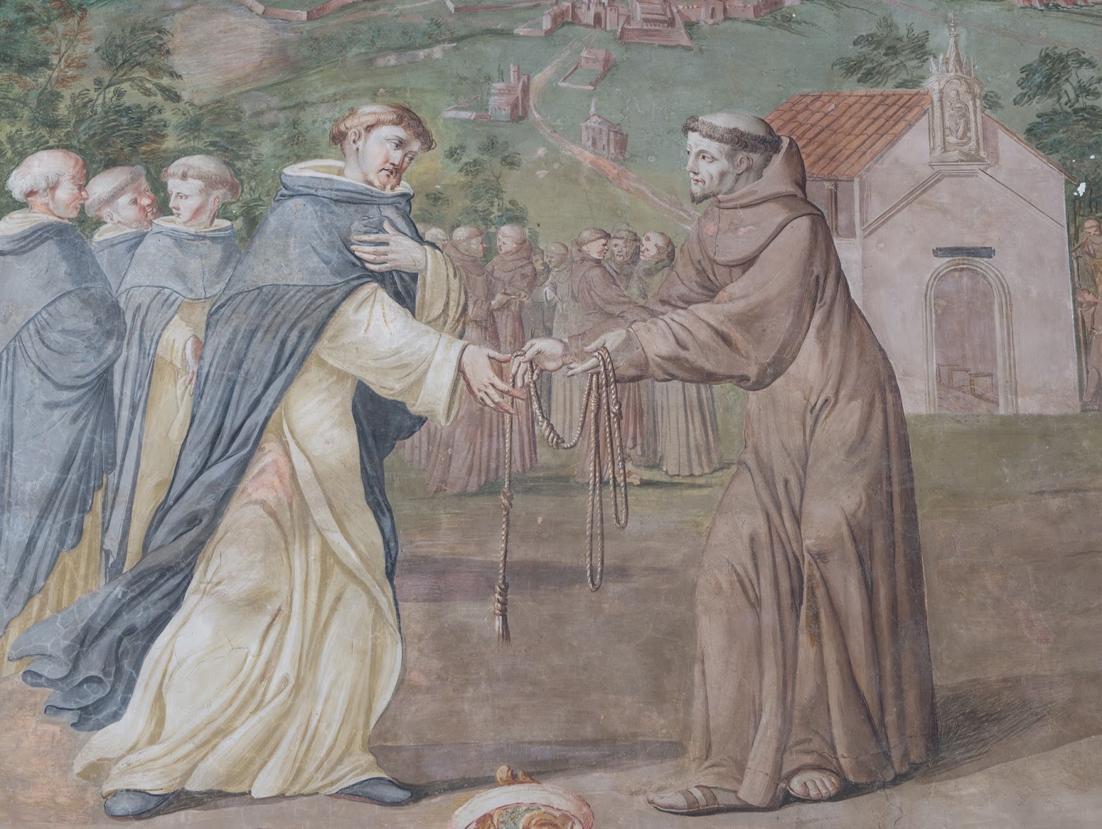 Francesco Providoni, Incontro tra san Francesco e san Domenico, chiostro grande del convento della Porziuncola, XVII sec. Francesco Providoni, Incontro tra san Francesco e san Domenico, chiostro grande del convento della Porziuncola, XVII sec.