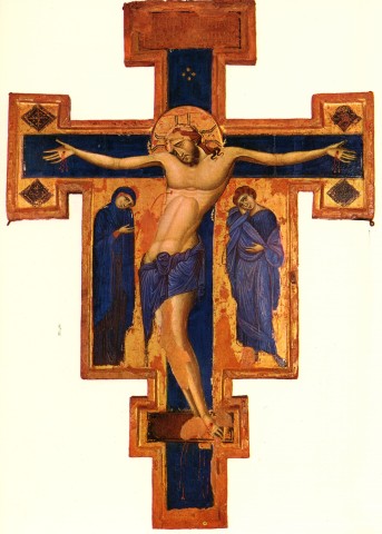 Maestro dei Crocefissi francescani , Croce dipinta, Museo del Tesoro di Assisi, tempera su tavola, metà del XIII sec. Maestro dei Crocefissi francescani , Croce dipinta, Museo del Tesoro di Assisi, tempera su tavola, metà del XIII sec.