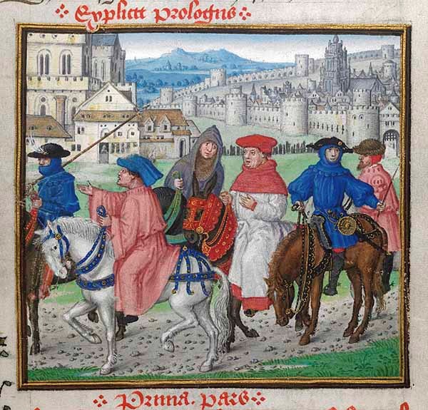 illustrazione medievale raffigurante pellegrini, probabilmente tratta da un manoscritto de I racconti di Canterbury di Geoffrey Chauce