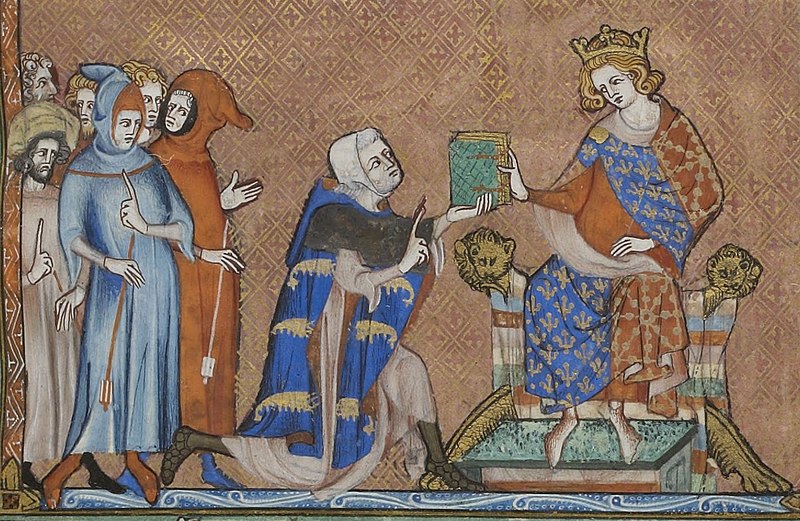 Illustrazione medievale che raffigura Jean de Joinville, siniscalco di Champagne, che presenta la sua opera, la Vita di San Luigi al re Luigi IX di Francia.